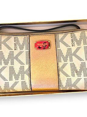 Michael Kors Beige and Gold MK Logo Wristlet Clutch